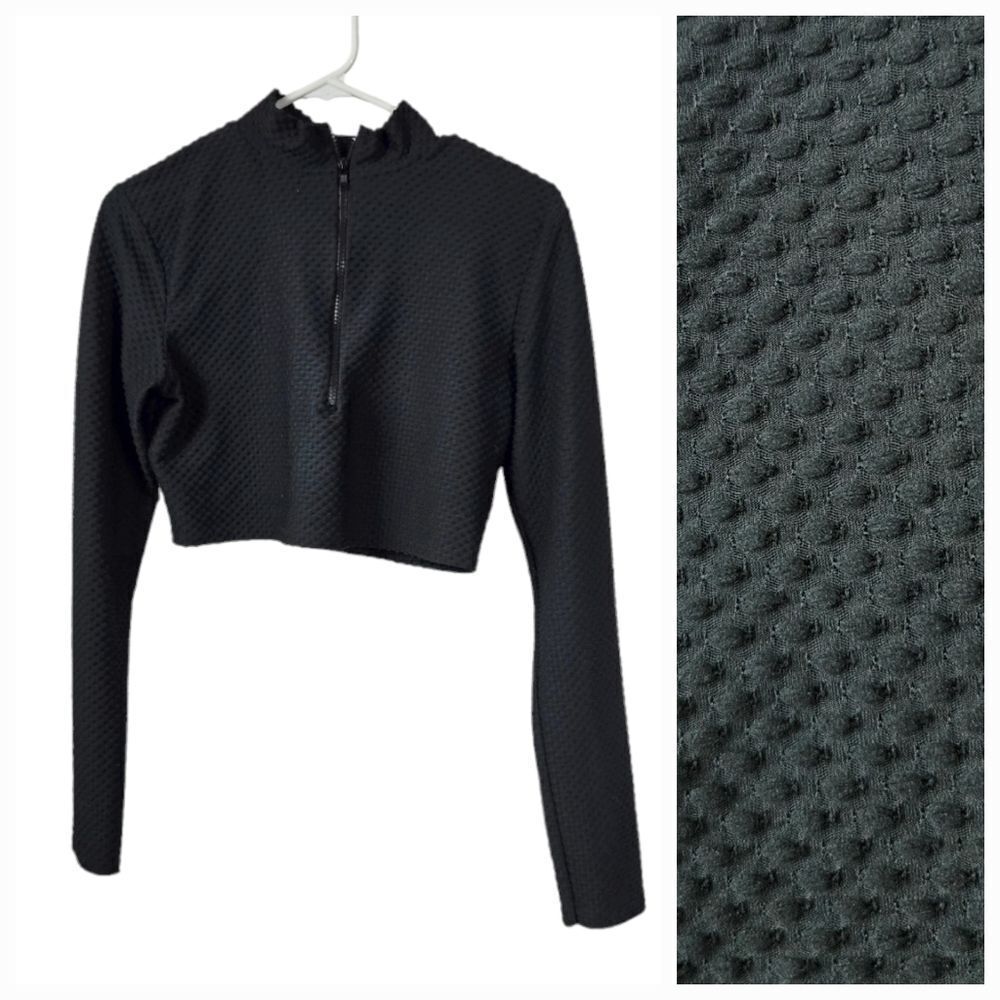 Pretty Little Thing Black Waffle High Neck Long Sleeve Crop Top Stretch 12 Women